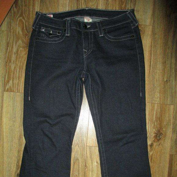 SIZE 32 TRUE RELIGION BECKY CRYSTAL PAVE SLIM BOOTCUT DARK RINSE JEANS womens - Picture 4 of 11